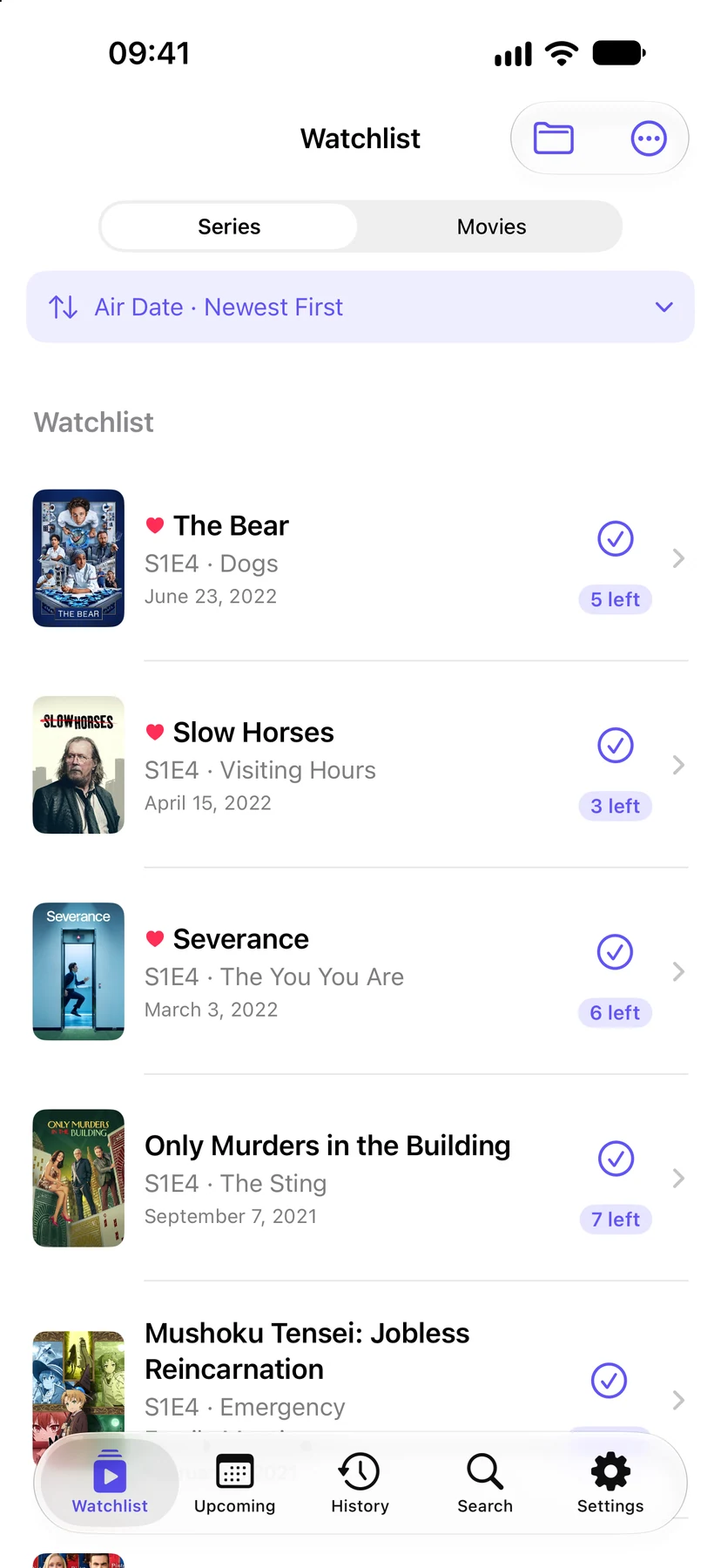 Premiera upcoming update preview — the iPhone watchlist with inline sorting and next episodes, with a fictional sample library.
