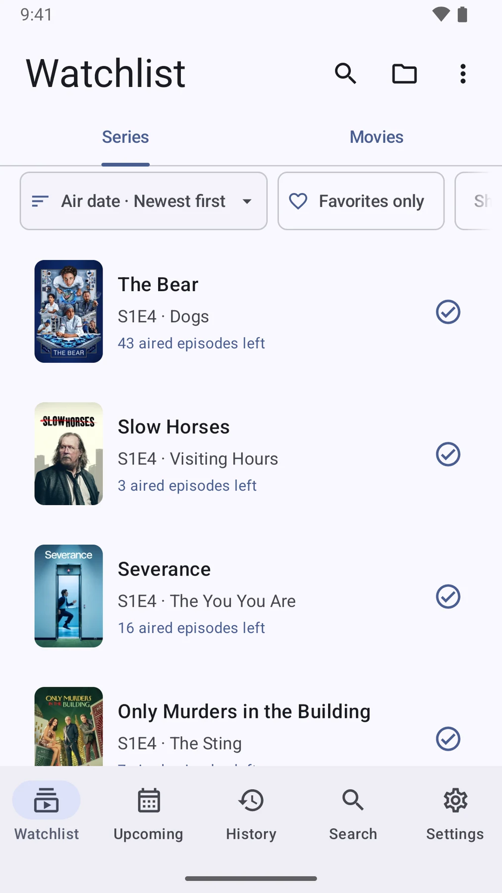 Premiera upcoming update preview — the Android watchlist with inline filters and next episodes, with a fictional sample library.
