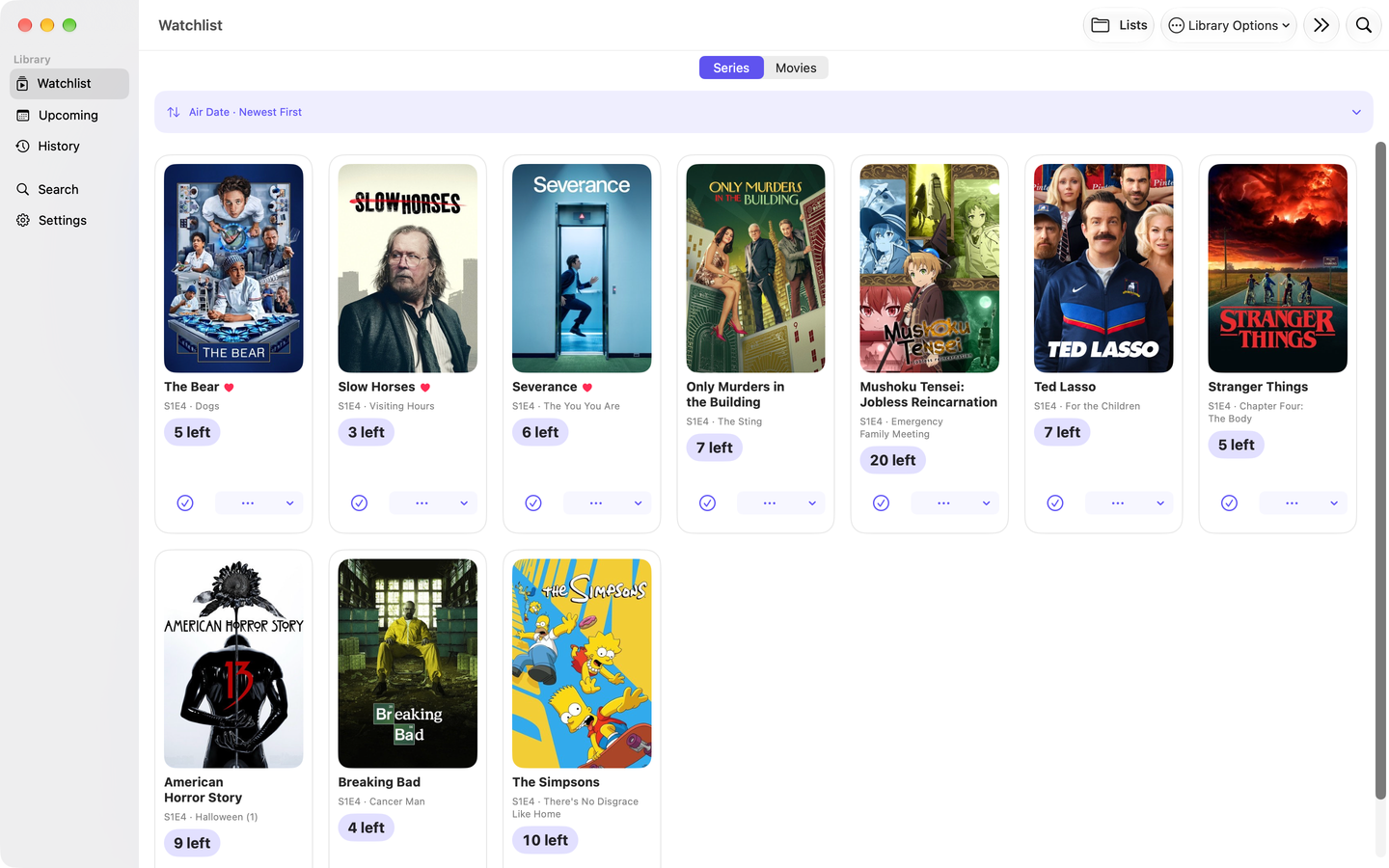 Premiera upcoming update preview — the native Mac watchlist with inline sorting and next episodes, with a fictional sample library.